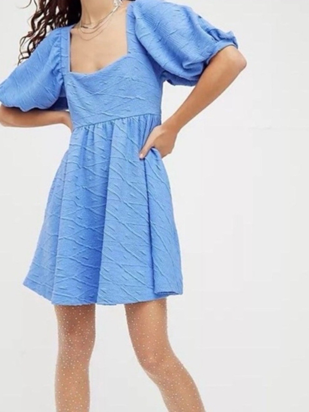 Free People Textured Light Blue Mini Dress with Puff Detail